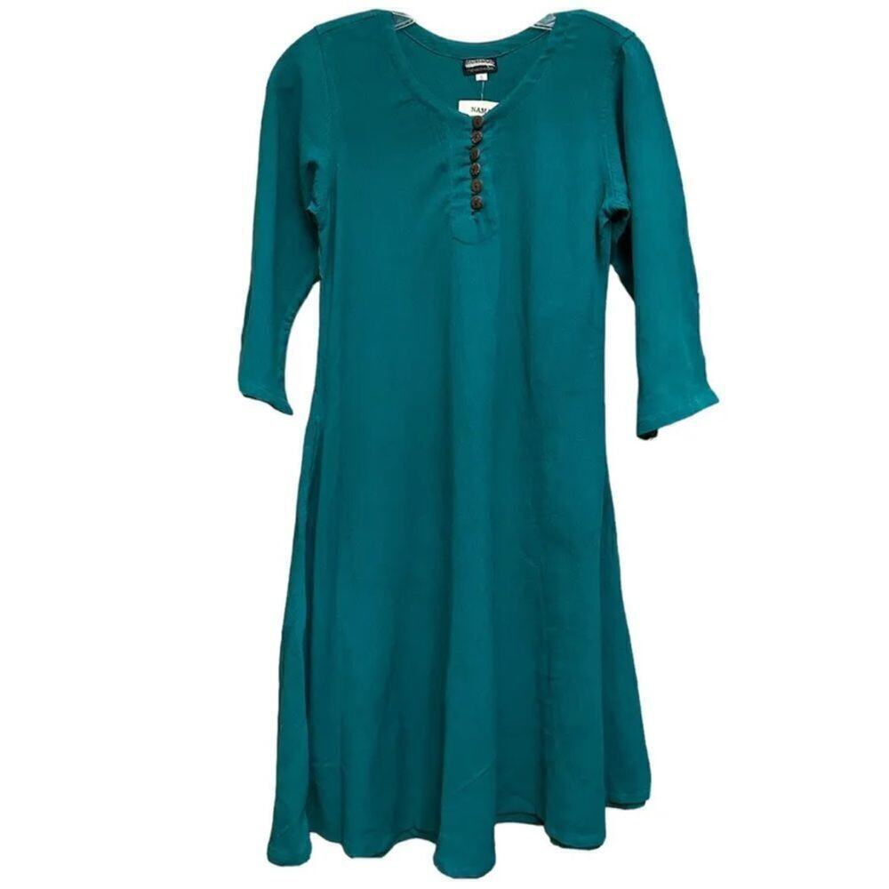 GANESH HIMAL Namaste Dress Womens Small Kazuri Nepal 3/4 Sleeves Cotton Midi NWT